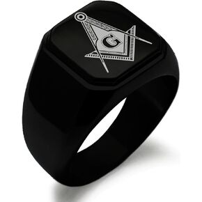 Stainless Steel Signet Biker Rings for Men, Masonic Symbol Square Flat Top (Black, Gold, Silver), Size 7-16