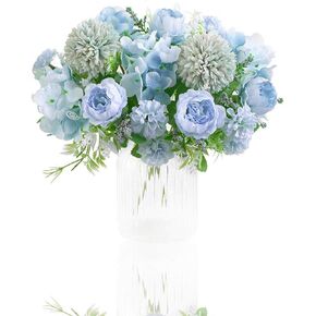Artificial Flowers, Fake Peony Silk Hydrangea Bouquet Decor Plastic Carnations Daisy Realistic Flower Arrangements Wedding Decoration Table Centerpieces,for Home Office Party Decor 2 Pcs(Blue)