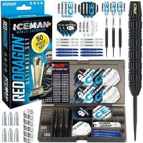 RED DRAGON Gerwyn Price Iceman Ultimate 50 Piece Darts Set - Includes 22 Gram Steel Tip Brass Darts, Hardcore Flights, Shafts (Stems) and Accessories