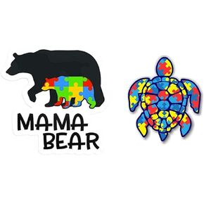 eDesign 2-Pack Autism Mama Bear 4-inch & Autism Puzzle Sea Turtle 3-inch Vinyl Decal Sticker for Car Truck Van SUV Window Wall Cup Tumblers Laptop