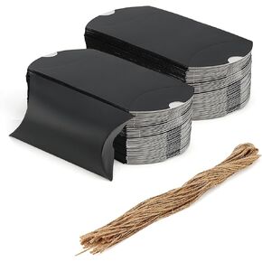 MANCHAP 100Pcs 5 x 3.4 Inch Black Pillow Gift Boxes with Jute Twines, Large Cardboard Pillow Box, Pillow Candy Favor Box for Birthday, Wedding, Parties