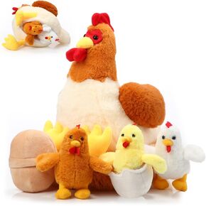 Skylety Chicken Stuffed Animal Plush Toy Egg Laying Hen with Zippered Belly, Hen House and Little Baby Chicks for Easter Stuffers Party Supplies(Cute Style)