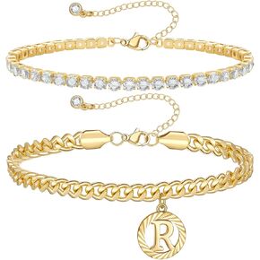 أساور الكاحل الذهبية من KissYan للنساء، مجموعة خلخال أولية أنيقة بطبقات عيار 14 قيراط قابلة للتعديل بطبقات من الحروف الكوبية وصلة مكعبة من الزركونيا وسلسلة تنس الكاحلين للصيف على الشاطئ هدايا مجوهرات للقدم in Kuwait