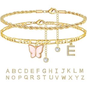 Initial Ankle Bracelets for Women 18K Gold Plated Cuban Layered Twists Anklets Gold Butterfly Initial Anklets Set Gold Jewelry Girls Women's Anklets Gifts A-Z