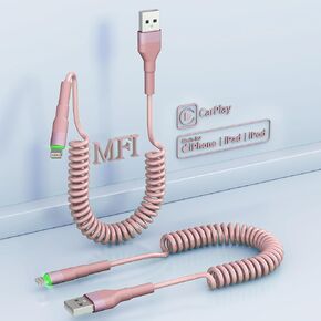 Coiled iPhone Lightning Cable for Apple Carplay, 2 Pack iPhone Charger Cable for Car, [Apple MFi Certified] Retractable iPhone Charger with Data Sync, Short iPhone Charger Cord for iPhone/Pad/Pod in Saudi Arabia