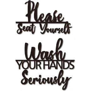 2 Sets Bathroom Wall Decor Wash Your Hands Seriously and Please Seat Yourself Sign Funny Bathroom Decor Wooden Farmhouse Rustic Relax Quotes Bathroom Wall Art for Restroom Laundry Room Toilet Black