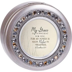 Cottage Garden My Grace is Sufficient Power Perfected Brushed Pewter Jewelry Music Box Plays Amazing Grace