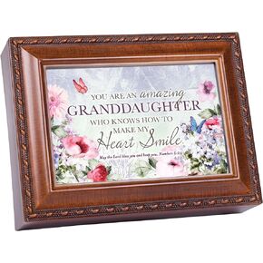 Cottage Garden Granddaughter My Heart Smile Woodgrain Rope Trim Music Box Plays Amazing Grace