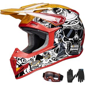 ILM Youth Kids Dirt Bike Helmets ATV Motocross Motorcycle Off-Road Dirtbike Full Face Dot Four Wheeler Helmet Combo Gloves Goggles for Boys Girls Model H613