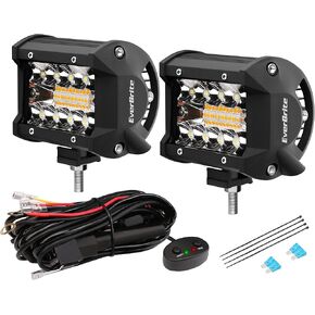 EverBrite 2PCS 4 Inch 60W Led Pods, Off Road Light Pods, White Amber Strobe 6 Modes with Memory Function, 12V Led Lights for Trucks Car ATV SUV Cabin Boat, 16AWG Wiring Harness Kit