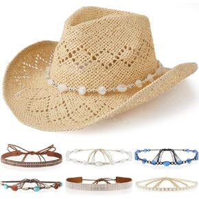 Straw Cowboy Hat for Women Summer Cowgirl Hat with 6 Replacement Hat Belts Bands Beige Western Hat for Beach Party(Stylish)