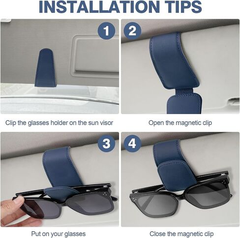 Sunglass Holder for Car Visor Sunglasses Magnetic Leather Glasses Clip Eyeglass Holder Truck Car Interior Accessories, Blue in Saudi Arabia