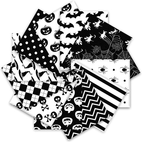 Whaline 12Pcs Halloween Cotton Fabric Bundles 18 x 22 Inch Spider Pumpkin Bat Witch Plaid Stripe Dot Fat Quarters White Black Quilting Patchwork Squares Sewing Fabrics for DIY Craft Party Decor in Saudi Arabia