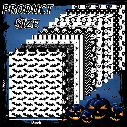 Whaline 12Pcs Halloween Cotton Fabric Bundles 18 x 22 Inch Spider Pumpkin Bat Witch Plaid Stripe Dot Fat Quarters White Black Quilting Patchwork Squares Sewing Fabrics for DIY Craft Party Decor in Saudi Arabia