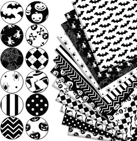 Whaline 12Pcs Halloween Cotton Fabric Bundles 18 x 22 Inch Spider Pumpkin Bat Witch Plaid Stripe Dot Fat Quarters White Black Quilting Patchwork Squares Sewing Fabrics for DIY Craft Party Decor in Saudi Arabia