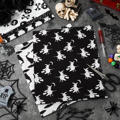 Whaline 12Pcs Halloween Cotton Fabric Bundles 18 x 22 Inch Spider Pumpkin Bat Witch Plaid Stripe Dot Fat Quarters White Black Quilting Patchwork Squares Sewing Fabrics for DIY Craft Party Decor in Saudi Arabia