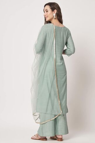 Shopping Queen Women's Viscose Silk Chikankari Kurta Palazzo Dupatta set in Saudi Arabia