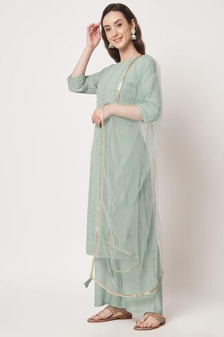 Shopping Queen Women's Viscose Silk Chikankari Kurta Palazzo Dupatta set in Saudi Arabia