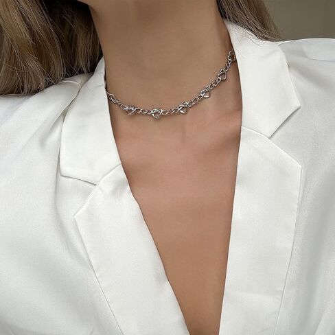 LecAit Love Heart Choker Necklace,Figaro Chain Choker Necklace for Women Chunky Cuban Link Necklace for Women Station Necklace Mother's Day Gifts in Kuwait