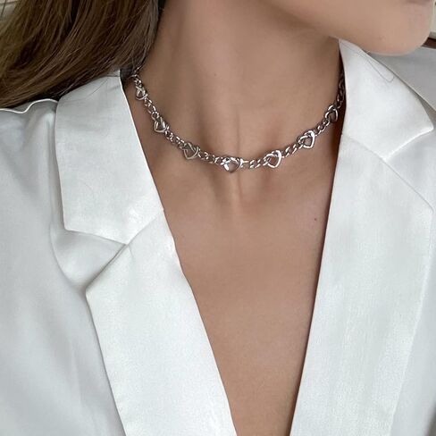 LecAit Love Heart Choker Necklace,Figaro Chain Choker Necklace for Women Chunky Cuban Link Necklace for Women Station Necklace Mother's Day Gifts in Kuwait