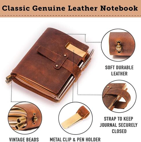 Leather Writing Journal Notebook For Men & Women - Leather Notepad, Pocket Notebook ‎5.3" x 4", 180 Pages - Sketchbook for traveling with Pen Holder, Card Holder, Handmade Refillable Travel Diary in Saudi Arabia