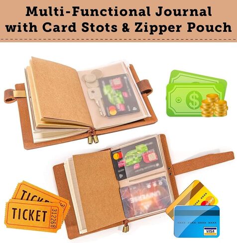 Leather Writing Journal Notebook For Men & Women - Leather Notepad, Pocket Notebook ‎5.3" x 4", 180 Pages - Sketchbook for traveling with Pen Holder, Card Holder, Handmade Refillable Travel Diary in Saudi Arabia