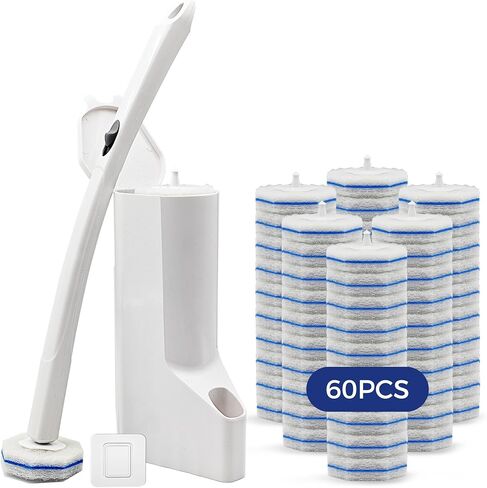 Disposable Toilet Brush with 60 Refills, Toilet Bowl Brush and Holder, Toilet Scrubber-1 Long Handle Wand, 1 Storage Caddy and 60 Toilet Scrubber Refills, Bathroom Cleaning Supplies. in Saudi Arabia