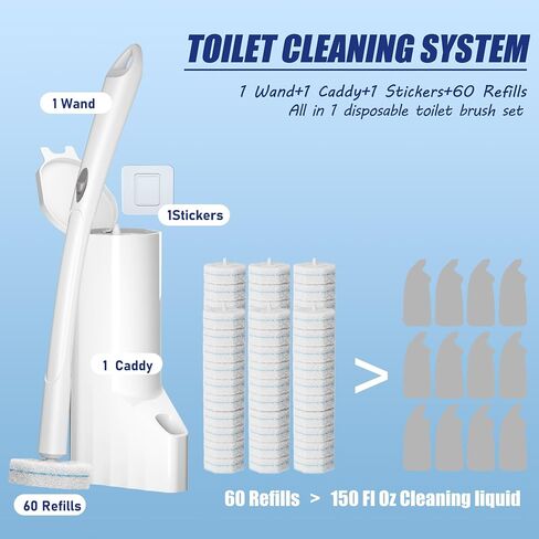 Disposable Toilet Brush with 60 Refills, Toilet Bowl Brush and Holder, Toilet Scrubber-1 Long Handle Wand, 1 Storage Caddy and 60 Toilet Scrubber Refills, Bathroom Cleaning Supplies. in Saudi Arabia