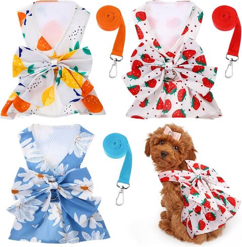 3 Pieces Dog Harness Dress and Leash Set Cute Female Dog Dresses Assorted Styles Girl Puppy Clothes Breathable Polyester Pet Doggy Outfits Puppy Princess Skirt for Pet Dog Cat (Meidum) in Kuwait