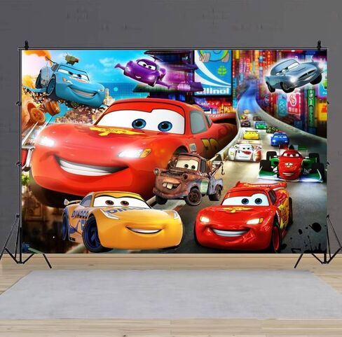 زينة عيد الميلاد بخلفية Lightning McQueen، لافتة خلفية عيد ميلاد سعيد للسيارات للأولاد لوازم حفلات أعياد الميلاد (5×3أقدام) in Kuwait