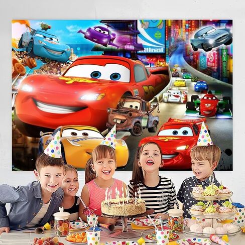 زينة عيد الميلاد بخلفية Lightning McQueen، لافتة خلفية عيد ميلاد سعيد للسيارات للأولاد لوازم حفلات أعياد الميلاد (5×3أقدام) in Kuwait