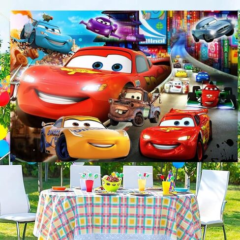 زينة عيد الميلاد بخلفية Lightning McQueen، لافتة خلفية عيد ميلاد سعيد للسيارات للأولاد لوازم حفلات أعياد الميلاد (5×3أقدام) in Kuwait