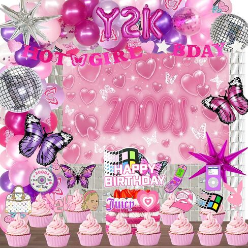 Y2K Party Decorations, Early 2000s Party Decorations for Teen Girls Backdrop Fringe Curtain Balloon Garland Hot Girl Bday Glitter Banner Cake Cupcake Topper Butterfly in Saudi Arabia