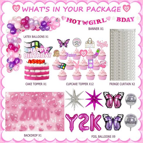 Y2K Party Decorations, Early 2000s Party Decorations for Teen Girls Backdrop Fringe Curtain Balloon Garland Hot Girl Bday Glitter Banner Cake Cupcake Topper Butterfly in Saudi Arabia