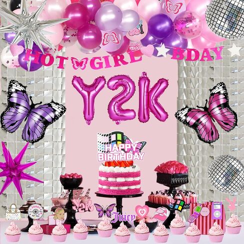 Y2K Party Decorations, Early 2000s Party Decorations for Teen Girls Backdrop Fringe Curtain Balloon Garland Hot Girl Bday Glitter Banner Cake Cupcake Topper Butterfly in Saudi Arabia