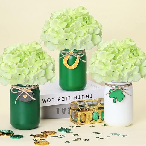 جرة ميسون لعيد القديس باتريك، ترتيب الأزهار، قطعة مركزية للطاولة مع نباتات صناعية، زهور خضراء اصطناعية، وعاء شامروك محظوظ من الديكور الذهبي، صينية القديس باتريك المتدرجة، مجموعة هدايا الترحيب بالمنزل الجديد مكونة من 3 قطع in Kuwait