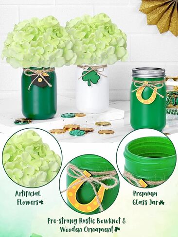 جرة ميسون لعيد القديس باتريك، ترتيب الأزهار، قطعة مركزية للطاولة مع نباتات صناعية، زهور خضراء اصطناعية، وعاء شامروك محظوظ من الديكور الذهبي، صينية القديس باتريك المتدرجة، مجموعة هدايا الترحيب بالمنزل الجديد مكونة من 3 قطع in Kuwait