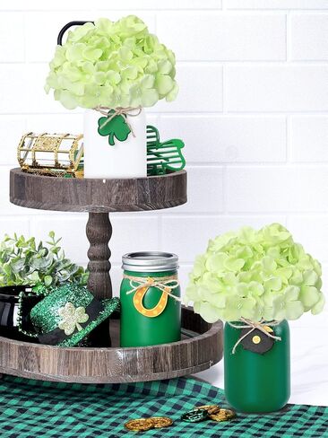 جرة ميسون لعيد القديس باتريك، ترتيب الأزهار، قطعة مركزية للطاولة مع نباتات صناعية، زهور خضراء اصطناعية، وعاء شامروك محظوظ من الديكور الذهبي، صينية القديس باتريك المتدرجة، مجموعة هدايا الترحيب بالمنزل الجديد مكونة من 3 قطع in Kuwait