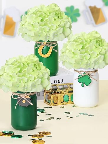 جرة ميسون لعيد القديس باتريك، ترتيب الأزهار، قطعة مركزية للطاولة مع نباتات صناعية، زهور خضراء اصطناعية، وعاء شامروك محظوظ من الديكور الذهبي، صينية القديس باتريك المتدرجة، مجموعة هدايا الترحيب بالمنزل الجديد مكونة من 3 قطع in Kuwait