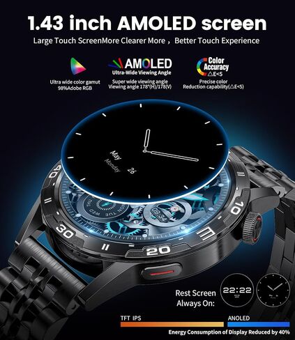Smart Watch for Men(Answer/Make Call), 1.43'' HD AMOLED Always on Display Smartwatch, 123 Sport Modes, Message Alerts, 400mAh Fitness Watch with Heart Rate/Sleep Monitor for Android iOS, Black in Saudi Arabia