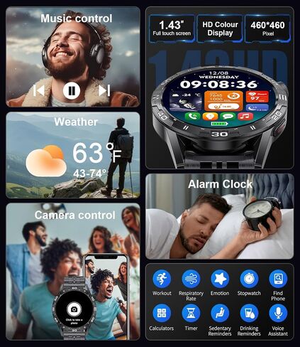 Smart Watch for Men(Answer/Make Call), 1.43'' HD AMOLED Always on Display Smartwatch, 123 Sport Modes, Message Alerts, 400mAh Fitness Watch with Heart Rate/Sleep Monitor for Android iOS, Black in Saudi Arabia