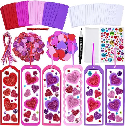 Winlyn 24 Sets Valentine's Day Decorations DIY Heart Bookmarks Valentine Craft Kits Blank Foam Bookmarks with Assorted Hearts Stickers for Kids Classroom Activities Reading Party Favors Gift Exchange in Saudi Arabia