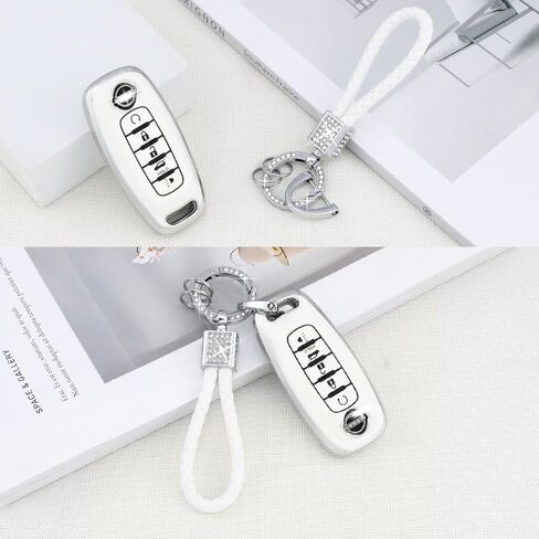 PIFOOG Key Fob Cover for Nissan Rogue Pathfinder 2023 5 Button Car Keys Case Shell Cute Bling Keychain Smart Remote Key Protector Accessories TPU Girly Women White Silver in Saudi Arabia