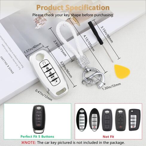 PIFOOG Key Fob Cover for Nissan Rogue Pathfinder 2023 5 Button Car Keys Case Shell Cute Bling Keychain Smart Remote Key Protector Accessories TPU Girly Women White Silver in Saudi Arabia
