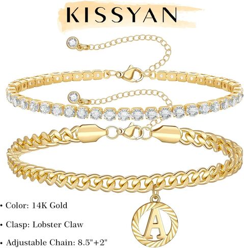 أساور الكاحل الذهبية من KissYan للنساء، مجموعة خلخال أولية أنيقة بطبقات عيار 14 قيراط قابلة للتعديل بطبقات من الحروف الكوبية وصلة مكعبة من الزركونيا وسلسلة تنس الكاحلين للصيف على الشاطئ هدايا مجوهرات للقدم in Kuwait