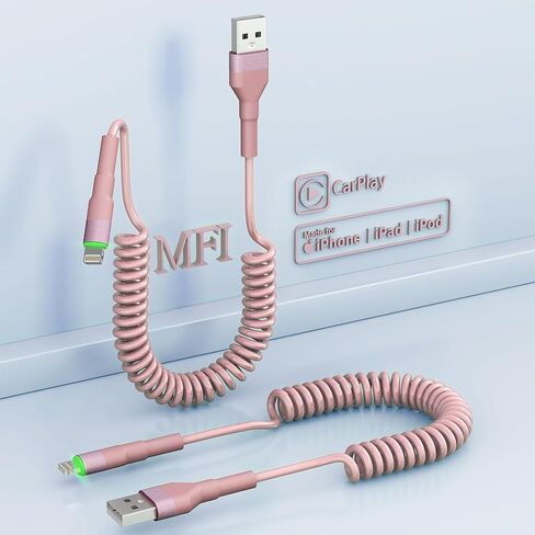 Coiled iPhone Lightning Cable for Apple Carplay, 2 Pack iPhone Charger Cable for Car, [Apple MFi Certified] Retractable iPhone Charger with Data Sync, Short iPhone Charger Cord for iPhone/Pad/Pod in Saudi Arabia
