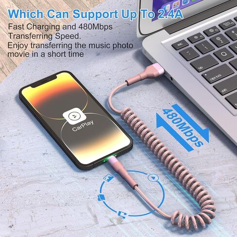 Coiled iPhone Lightning Cable for Apple Carplay, 2 Pack iPhone Charger Cable for Car, [Apple MFi Certified] Retractable iPhone Charger with Data Sync, Short iPhone Charger Cord for iPhone/Pad/Pod in Saudi Arabia