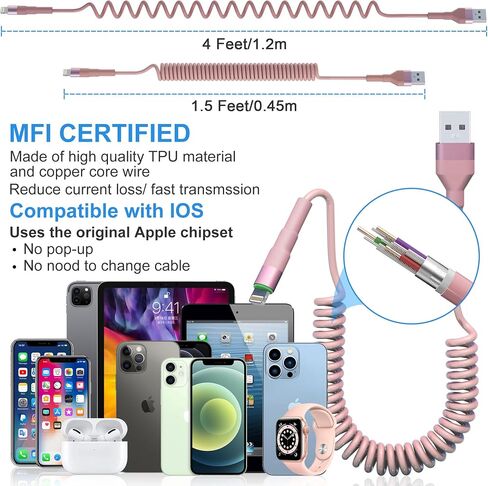 Coiled iPhone Lightning Cable for Apple Carplay, 2 Pack iPhone Charger Cable for Car, [Apple MFi Certified] Retractable iPhone Charger with Data Sync, Short iPhone Charger Cord for iPhone/Pad/Pod in Saudi Arabia