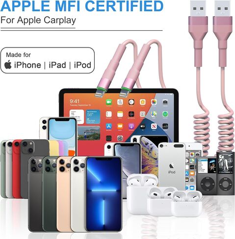 Coiled iPhone Lightning Cable for Apple Carplay, 2 Pack iPhone Charger Cable for Car, [Apple MFi Certified] Retractable iPhone Charger with Data Sync, Short iPhone Charger Cord for iPhone/Pad/Pod in Saudi Arabia
