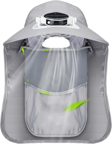 قبعة صيد بمروحة تعمل بالطاقة الشمسية مع مروحة واسعة الحافة للاستخدام الخارجي بعامل حماية من أشعة الشمس 50+ حماية من الشمس مع غطاء رقبة قابل للفصل وقناع للوجه للرجال والنساء في الهواء الطلق والرياضة والسفر والتخييم باللون الرمادي in Kuwait